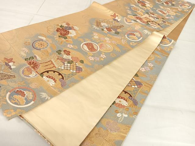 平和屋着物◎六通柄袋帯　吉祥御所車花文　金糸　正絹　逸品　AAAM9823np