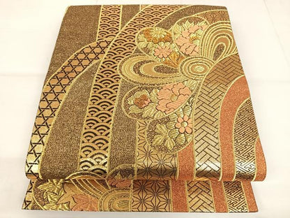 平和屋着物◎六通柄袋帯 吉祥花文 金糸 正絹 逸品 AAAM9833np