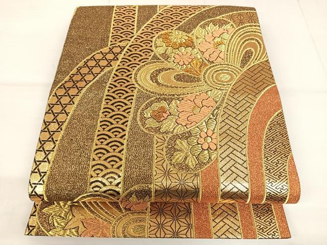 平和屋着物◎六通柄袋帯 吉祥花文 金糸 正絹 逸品 AAAM9833np