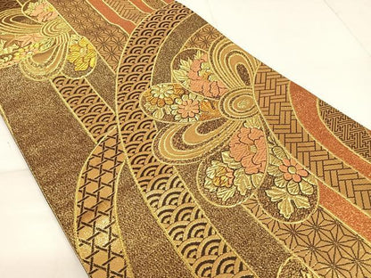 平和屋着物◎六通柄袋帯 吉祥花文 金糸 正絹 逸品 AAAM9833np