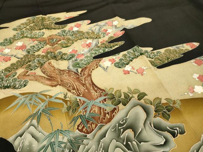 平和屋着物■豪華黒留袖　刺繍　霞松竹梅文　金糸　金彩　正絹　逸品　AAAN0766ja