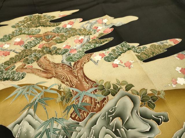 平和屋着物■豪華黒留袖　刺繍　霞松竹梅文　金糸　金彩　正絹　逸品　AAAN0766ja