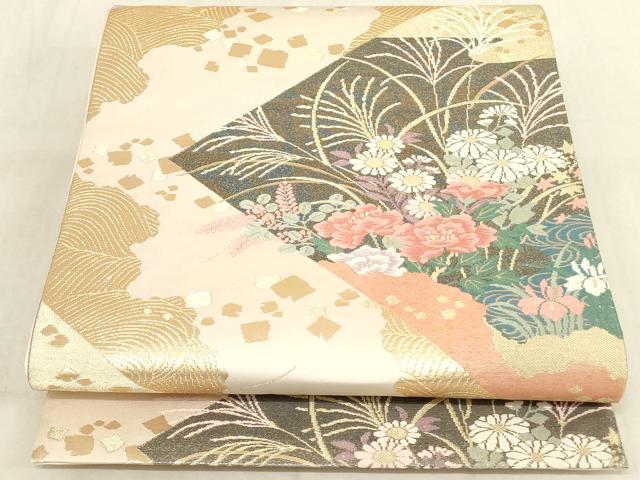 平和屋着物◎六通柄袋帯 道長色紙草花文 金糸 正絹 逸品 AAAN0879ru