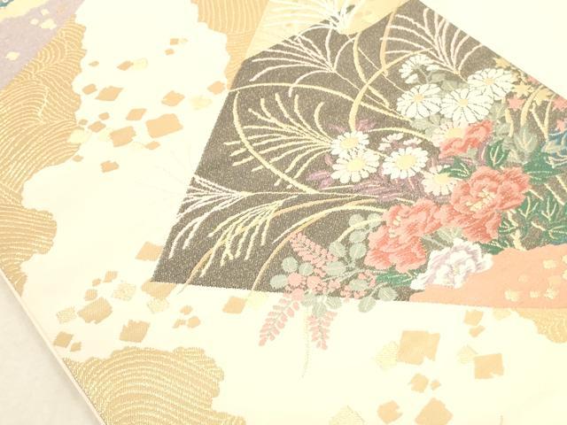 平和屋着物◎六通柄袋帯 道長色紙草花文 金糸 正絹 逸品 AAAN0879ru
