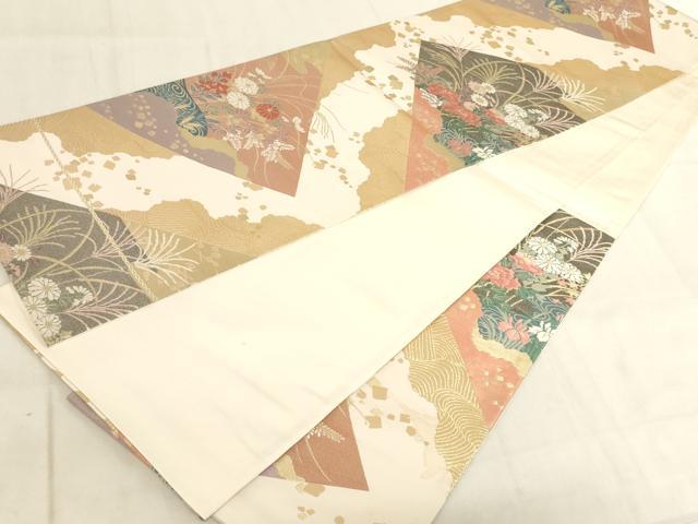 平和屋着物◎六通柄袋帯 道長色紙草花文 金糸 正絹 逸品 AAAN0879ru