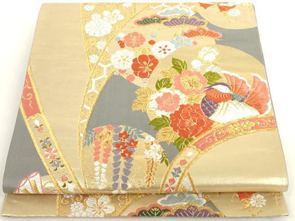 平和屋着物◎六通柄袋帯 唐織 花蝶文 金糸 正絹 逸品 AAAN1170ru