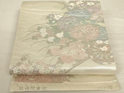 平和屋着物◎六通柄袋帯 牡丹花車文 プラチナ箔 正絹 逸品 AAAN1456tm