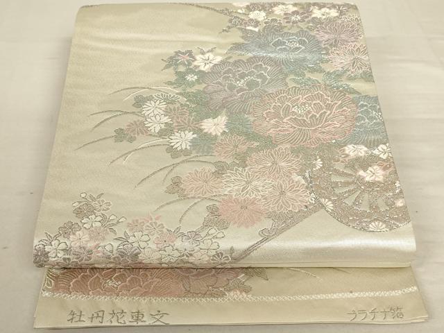 平和屋着物◎六通柄袋帯 牡丹花車文 プラチナ箔 正絹 逸品 AAAN1456tm