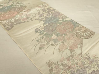 平和屋着物◎六通柄袋帯 牡丹花車文 プラチナ箔 正絹 逸品 AAAN1456tm