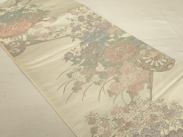 平和屋着物◎六通柄袋帯 牡丹花車文 プラチナ箔 正絹 逸品 AAAN1456tm