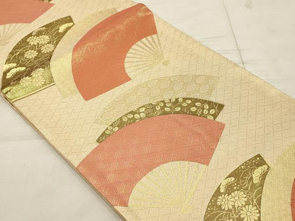 平和屋着物◎佐賀錦 六通柄袋帯 扇面花文 金糸 正絹 逸品 AAAN1490tm