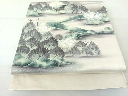 平和屋着物◎太鼓柄袋帯 手描き 風景文 銀糸 正絹 逸品 AAAN2188jh