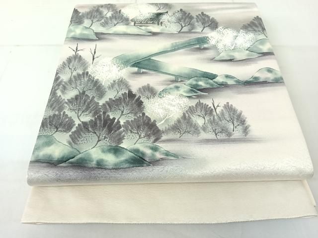 平和屋着物◎太鼓柄袋帯 手描き 風景文 銀糸 正絹 逸品 AAAN2188jh