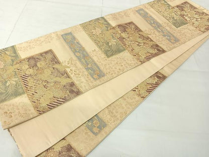 平和屋着物◎六通柄袋帯 色紙重ね花鳥文 金糸 正絹 逸品 AAAN2192jh