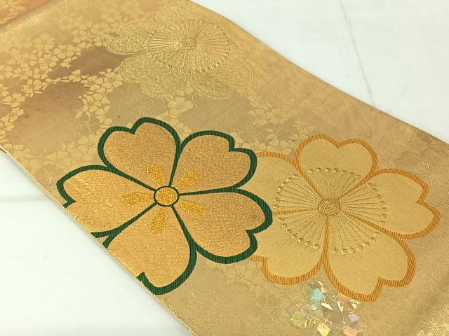 袋帯　流線　横縞　小花模様　金糸　着物　053a p 袋帯流線横縞小花模様金糸着物053a p