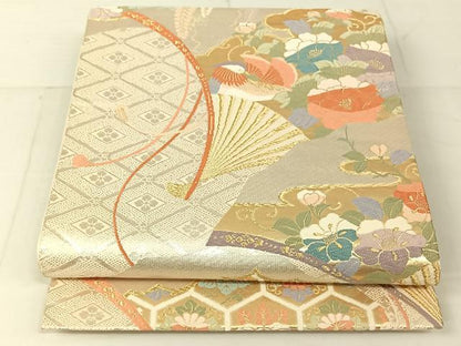 平和屋着物◎六通柄袋帯 唐織 檜扇花鳥文 金銀糸 正絹 逸品 AAAN2194jh