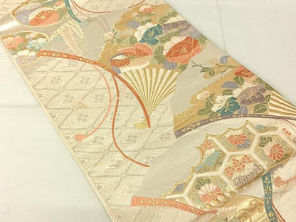 平和屋着物◎六通柄袋帯 唐織 檜扇花鳥文 金銀糸 正絹 逸品 AAAN2194jh