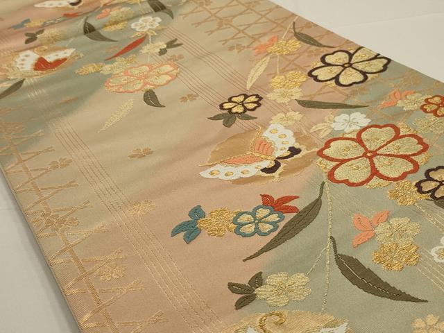 平和屋着物◎六通柄袋帯 唐織 花蝶文 金糸 正絹 逸品 AAAN2259ou