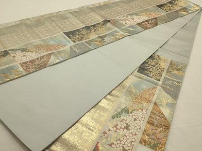 平和屋着物◎六通柄袋帯 短冊花鳥文 金糸 正絹 逸品 AAAN2306ou