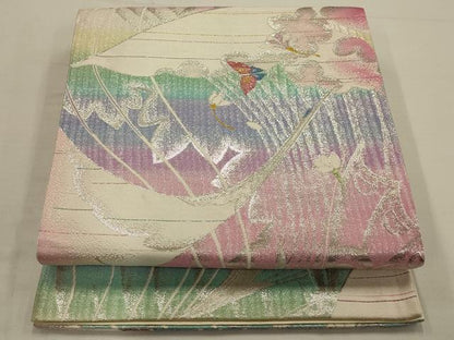 平和屋着物◎六通柄袋帯　飛鶴花蝶文　金銀糸　正絹　逸品　AAAN2312ou