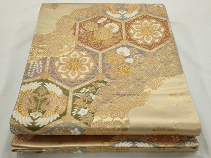 平和屋着物◎六通柄袋帯 向かい鶴 亀甲花文 金糸 正絹 逸品 AAAN3205tg