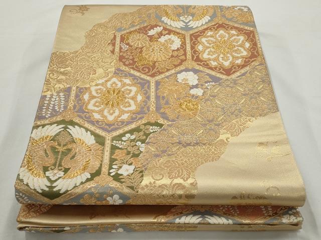 平和屋着物◎六通柄袋帯 向かい鶴 亀甲花文 金糸 正絹 逸品 AAAN3205tg