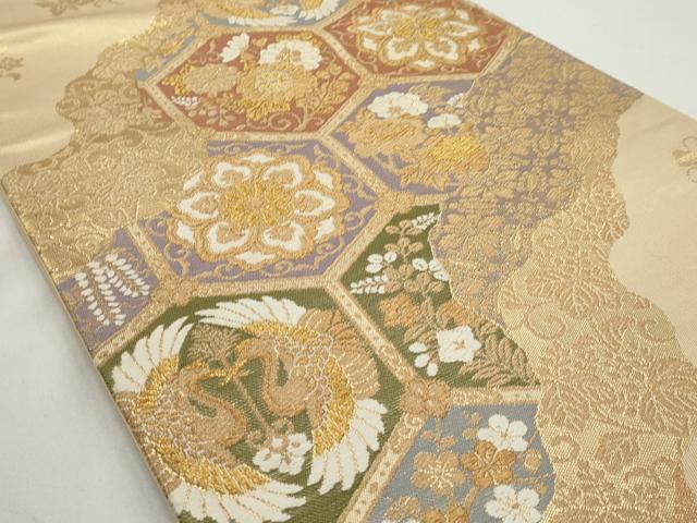 平和屋着物◎六通柄袋帯 向かい鶴 亀甲花文 金糸 正絹 逸品 AAAN3205tg