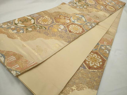 平和屋着物◎六通柄袋帯 向かい鶴 亀甲花文 金糸 正絹 逸品 AAAN3205tg