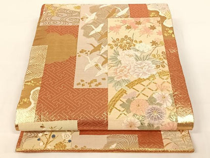 平和屋着物◎佐賀錦 六通柄袋帯 短冊花鳥文 金糸 正絹 逸品 AAAN3279wt