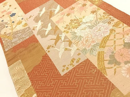 平和屋着物◎佐賀錦 六通柄袋帯 短冊花鳥文 金糸 正絹 逸品 AAAN3279wt