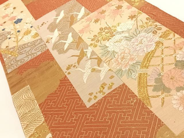 平和屋着物◎佐賀錦 六通柄袋帯 短冊花鳥文 金糸 正絹 逸品 AAAN3279wt
