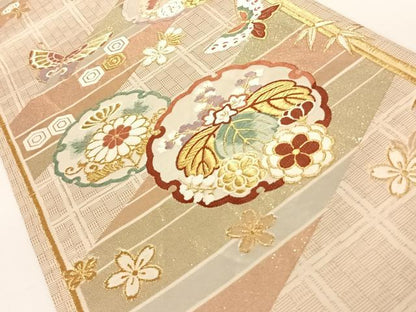 平和屋着物◎六通柄袋帯　唐織　花蝶文　金糸　正絹　逸品　AAAN3293wt