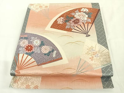 平和屋着物◎六通柄袋帯 唐織 扇面花文 金銀糸 引箔 正絹 逸品 AAAN3314wt