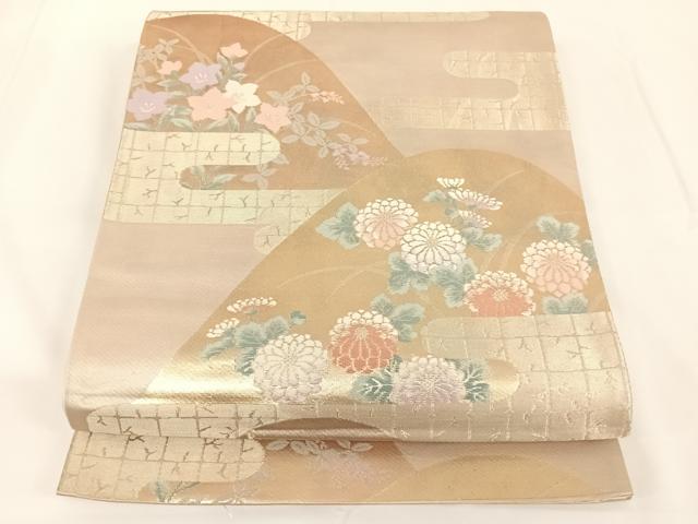 平和屋着物◎六通柄袋帯 重ね山エ霞花文 金糸 正絹 逸品 AAAN3324wt