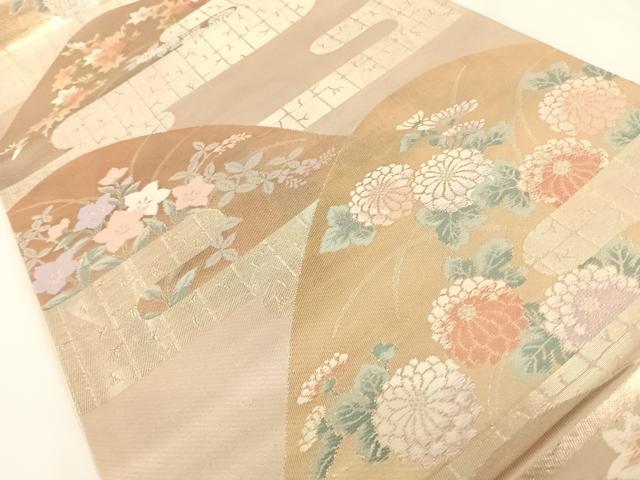 平和屋着物◎六通柄袋帯 重ね山エ霞花文 金糸 正絹 逸品 AAAN3324wt