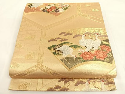 平和屋着物◎六通柄袋帯 唐織 亀甲地紙花鳥文 鶴 金糸 正絹 逸品 AAAN3337wt