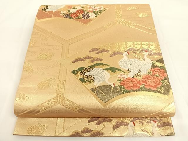 平和屋着物◎六通柄袋帯 唐織 亀甲地紙花鳥文 鶴 金糸 正絹 逸品 AAAN3337wt
