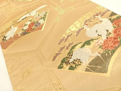 平和屋着物◎六通柄袋帯 唐織 亀甲地紙花鳥文 鶴 金糸 正絹 逸品 AAAN3337wt