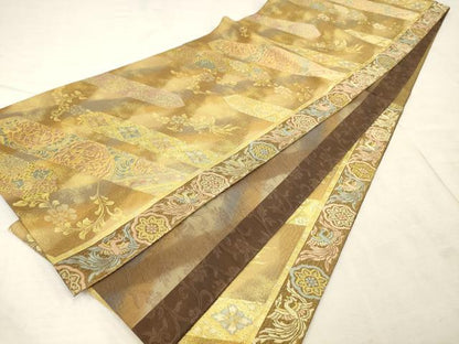 平和屋着物◎両面六通柄袋帯 古渡瑞鳥名物裂文 金糸 正絹 逸品 AAAN3437tm