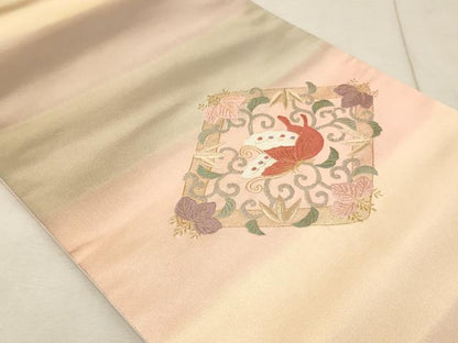 平和屋着物◎太鼓柄袋帯 刺繍 花蝶文 金糸 正絹 逸品 AAAN3441tm