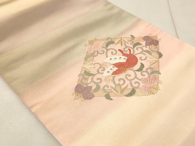 平和屋着物◎太鼓柄袋帯 刺繍 花蝶文 金糸 正絹 逸品 AAAN3441tm