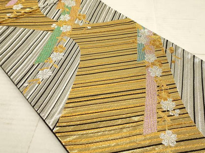 平和屋着物◎六通柄袋帯 斜縞舞花文 黒地 金銀糸 正絹 逸品 AAAN3466tm