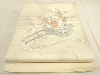 平和屋着物◎太鼓柄袋帯 総刺繍 花車文 銀糸 正絹 逸品 AAAN4424pf