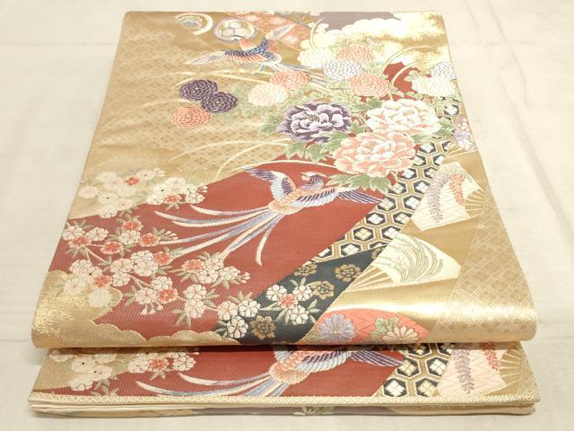 平和屋着物◎六通柄袋帯 唐織 熨斗目取花鳥文 金糸 正絹 逸品 AAAN4430pf