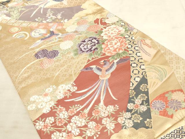 平和屋着物◎六通柄袋帯 唐織 熨斗目取花鳥文 金糸 正絹 逸品 AAAN4430pf