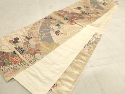 平和屋着物◎六通柄袋帯 唐織 熨斗目取花鳥文 金糸 正絹 逸品 AAAN4430pf