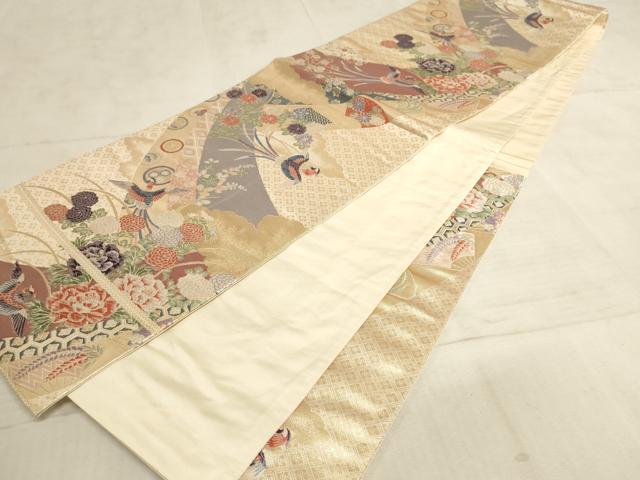 平和屋着物◎六通柄袋帯 唐織 熨斗目取花鳥文 金糸 正絹 逸品 AAAN4430pf