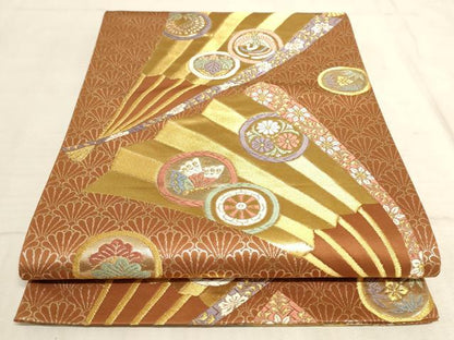 平和屋着物◎六通柄袋帯 唐織 天平錦 扇面花鳥丸文 金糸 正絹 逸品 AAAN4431pf