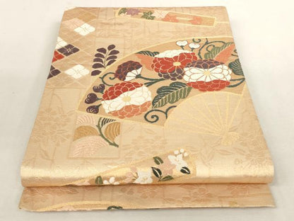 平和屋着物◎六通柄袋帯 唐織 扇面花文 金糸 正絹 逸品 AAAN4504pf