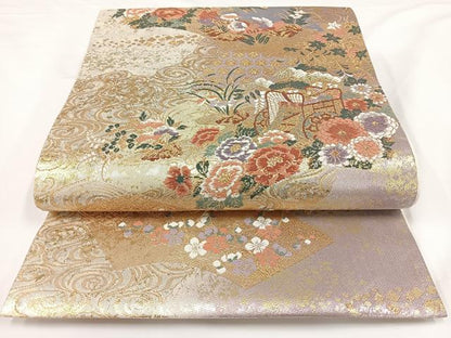 平和屋着物◎六通柄袋帯 御所車鴛鴦花文 金銀糸 正絹 逸品 AAAN4522dx